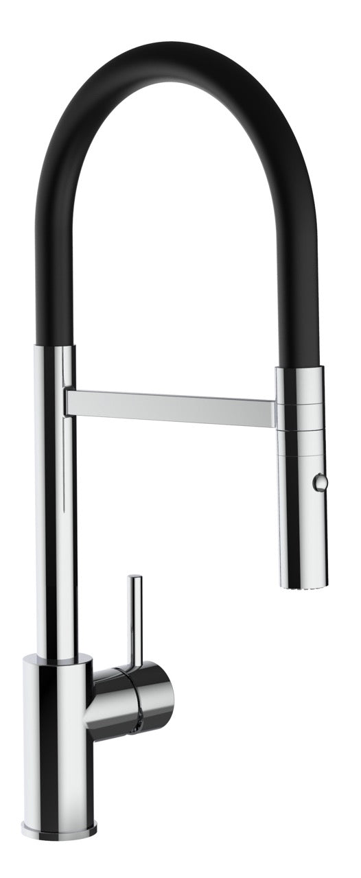 Kitchen Tap, Single lever, SM, with 360° swivel spout and 2-jets removable Spray, Chrome / Black - Short Version 43CM