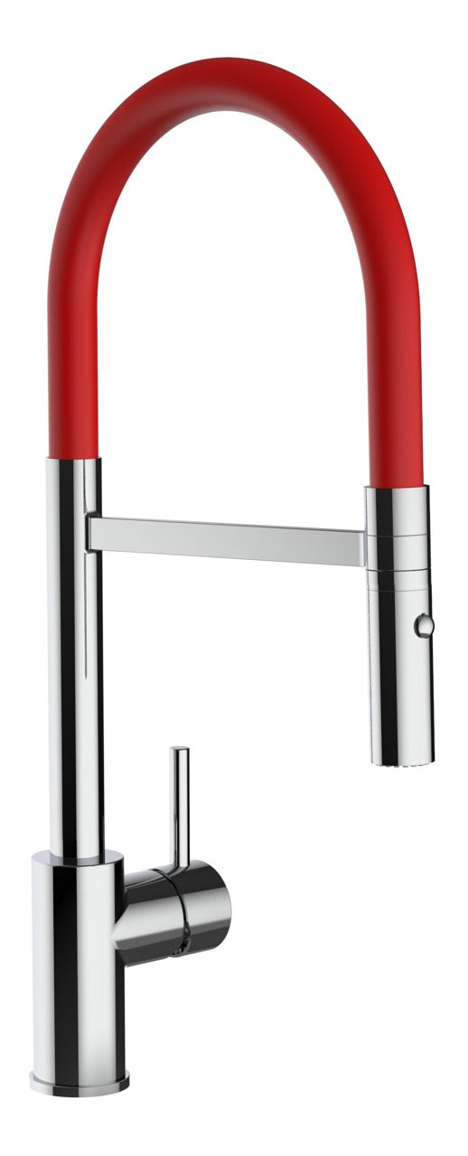 Robinet de cuisine monocommande, petit modèle, avec bec pivotant à 360° et douchette amovible à 2 jets, chromé/rouge - Version courte 43 cm