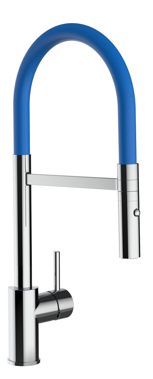 Kurzversion 43CM - Wasserhahn Küchenarmatur, SAM, mit 360° schwenkbarem Auslauf, abnehmbare 2 strahl Handbrause, Verchromt / Blau