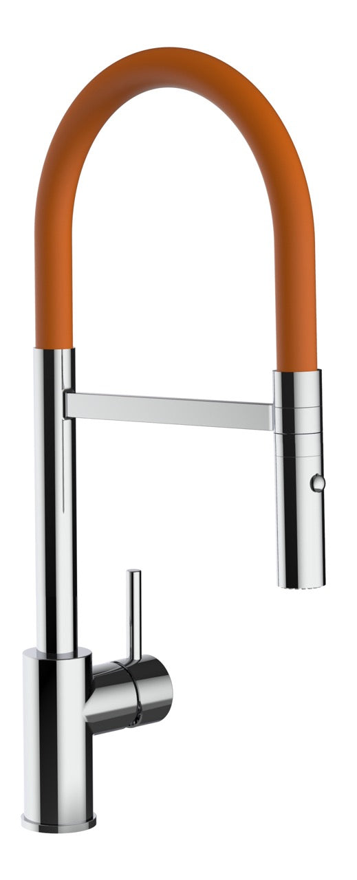Kitchen Tap, Single lever, SM, with 360° swivel spout and 2-jets removable Spray, Chrome / Orange - Short Version 43CM