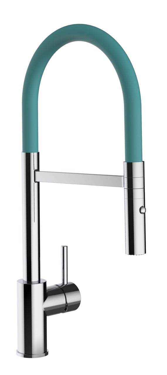 Kitchen Tap, Single lever, SM, with 360° swivel spout and 2-jets removable Spray, Chrome / Turquoise - Short Version 43CM