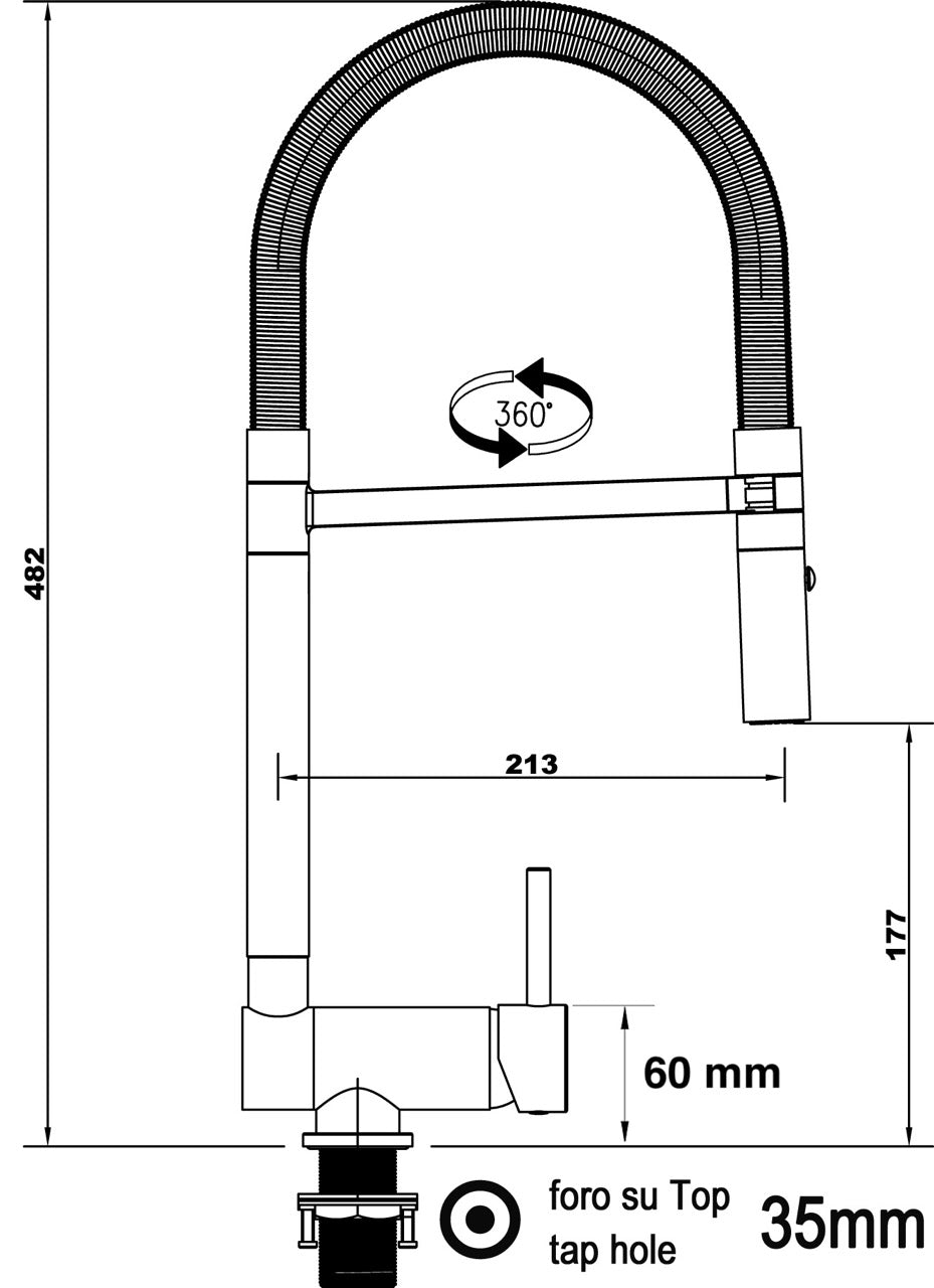Under Window Kitchen Tap, folding spout to reach 6 cm, with 360° swivel spout and 2-jets removable Spray, Chrome