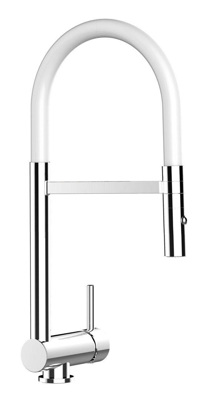 Under Window Kitchen Tap, folding spout to reach 6 cm, with 360° swivel spout and 2-jets removable Spray, Chrome / White
