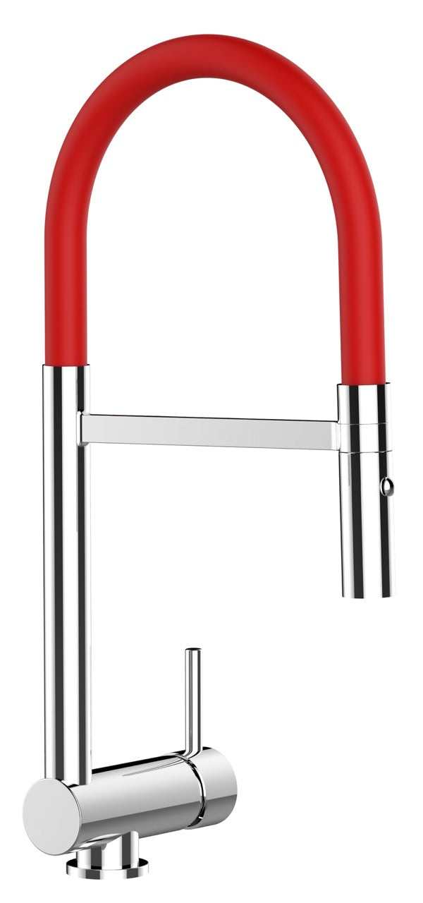 Under Window Kitchen Tap, folding spout to reach 6 cm, with 360° swivel spout and 2-jets removable Spray, Chrome / Red