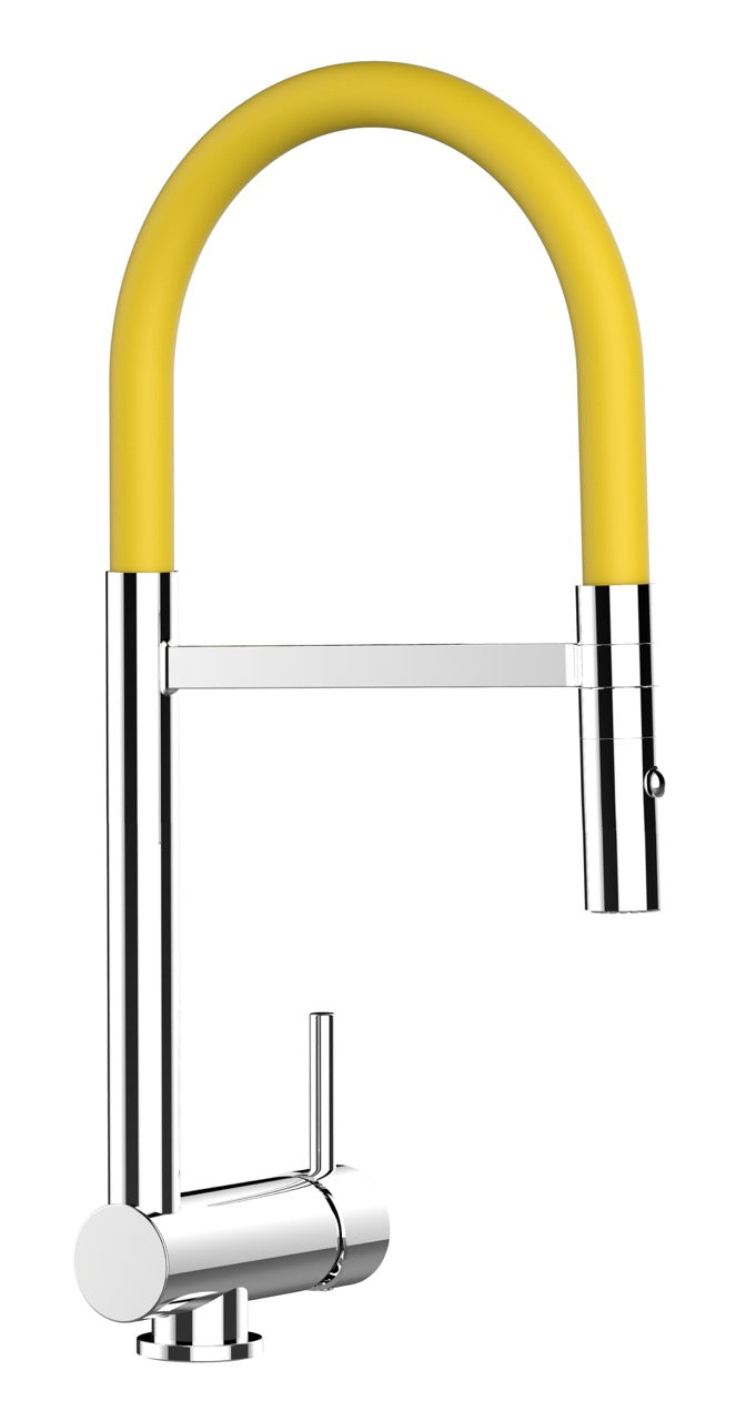 Under Window Kitchen Tap, folding spout to reach 6 cm, with 360° swivel spout and 2-jets removable Spray, Chrome / Yellow