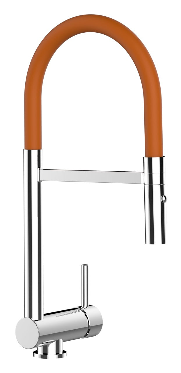 Under Window Kitchen Tap, folding spout to reach 6 cm, with 360° swivel spout and 2-jets removable Spray, Chrome / Orange