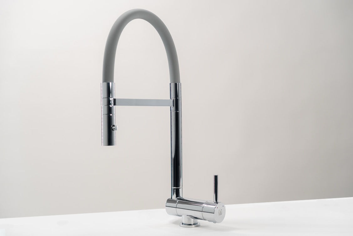 Under Window Kitchen Tap, folding spout to reach 6 cm, with 360° swivel spout and 2-jets removable Spray, Chrome / Gray