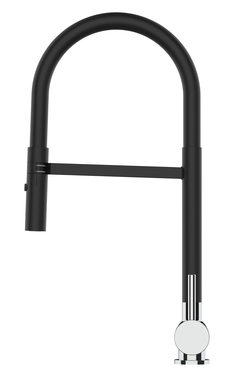 Under Window Kitchen Tap, folding spout to reach 6 cm, with 360° swivel spout and 2-jets removable Spray, Matte Black / Chrome