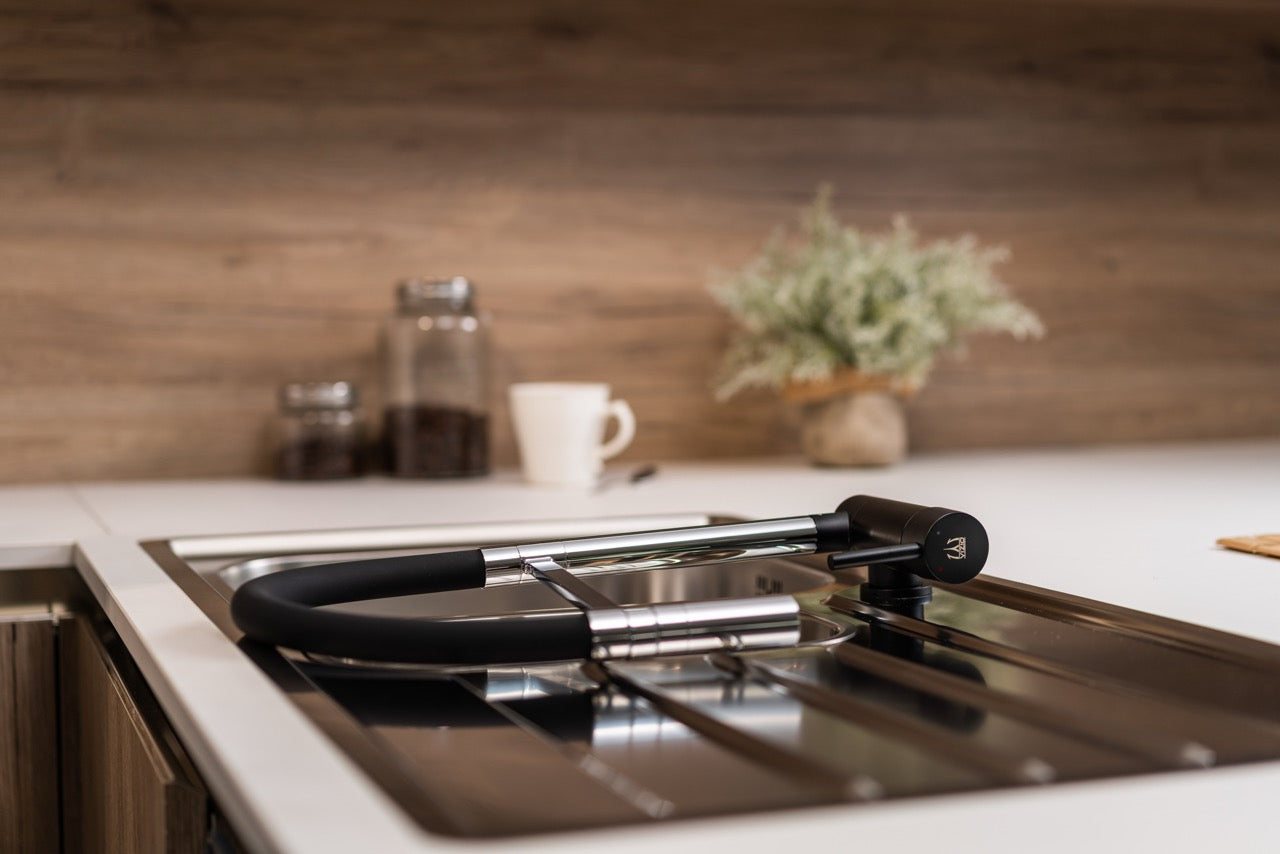 Under Window Kitchen Tap, folding spout to reach 6 cm, with 360° swivel spout and 2-jets removable Spray, Matte Black / Chrome