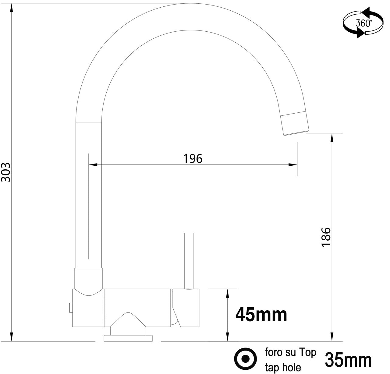 Under Window Kitchen Tap, folding spout to reach 4,5 cm, with 360° swivel U-Spout, Chrome