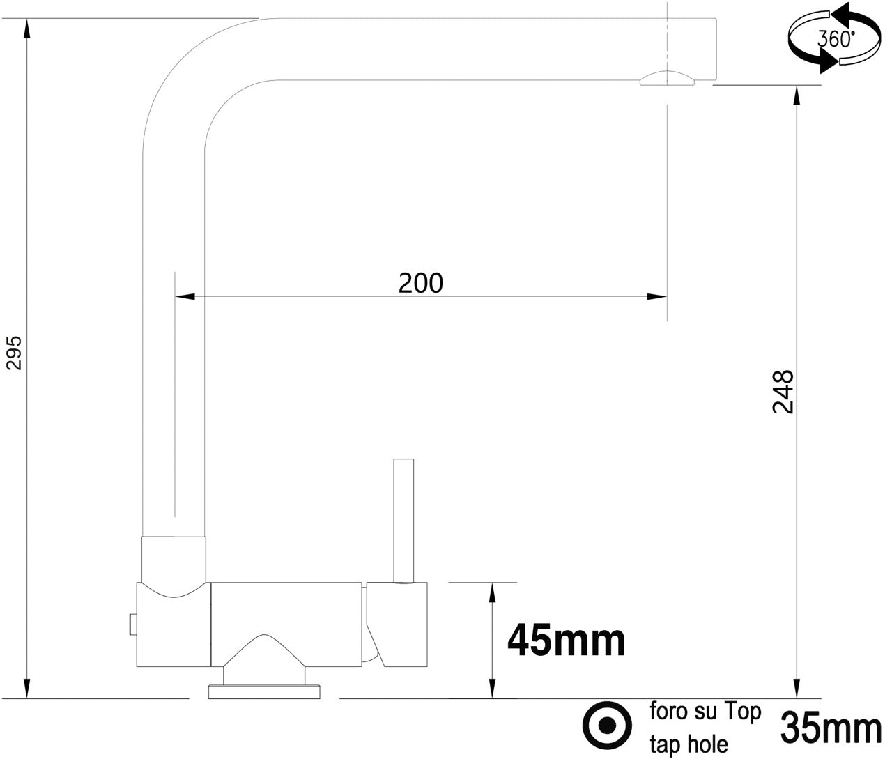 Under Window Kitchen Tap, folding spout to reach 4,5 cm, with 360° swivel L-Spout, Chrome / Gray Quartz