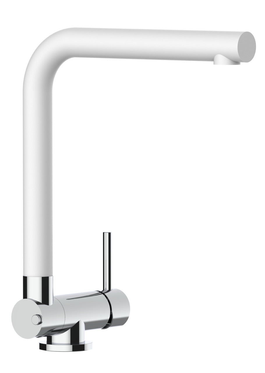 Under Window Kitchen Tap, folding spout to reach 4,5 cm, with 360° swivel L-Spout, Chrome / White Quartz