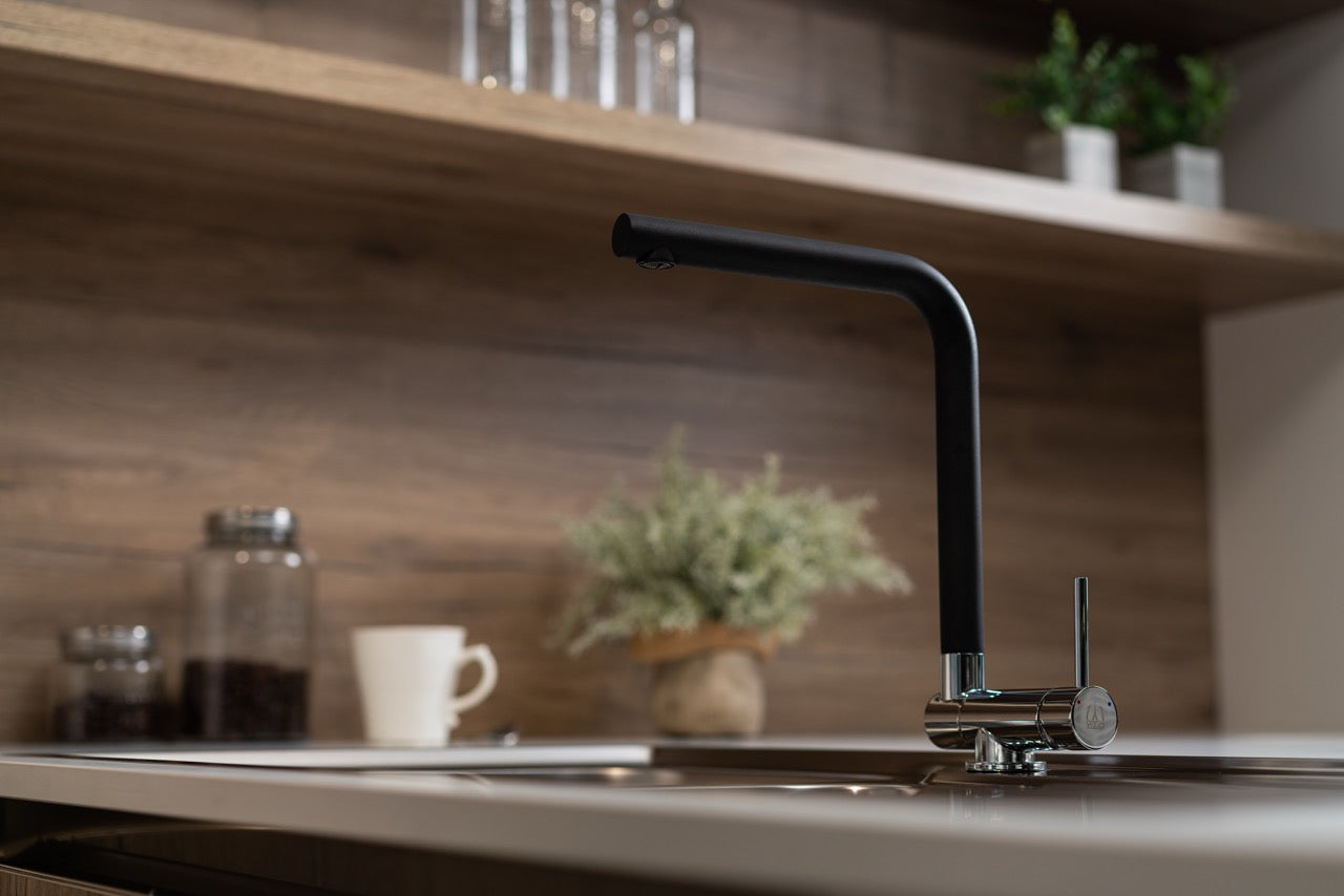 Under Window Kitchen Tap, folding spout to reach 4,5 cm, with 360° swivel L-Spout, Chrome / Black Quartz