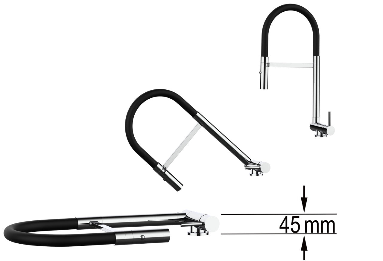 Under Window Kitchen Tap, folding spout to reach 4,5 cm, with 360° swivel spout and 2-jets removable Spray, Chrome / White