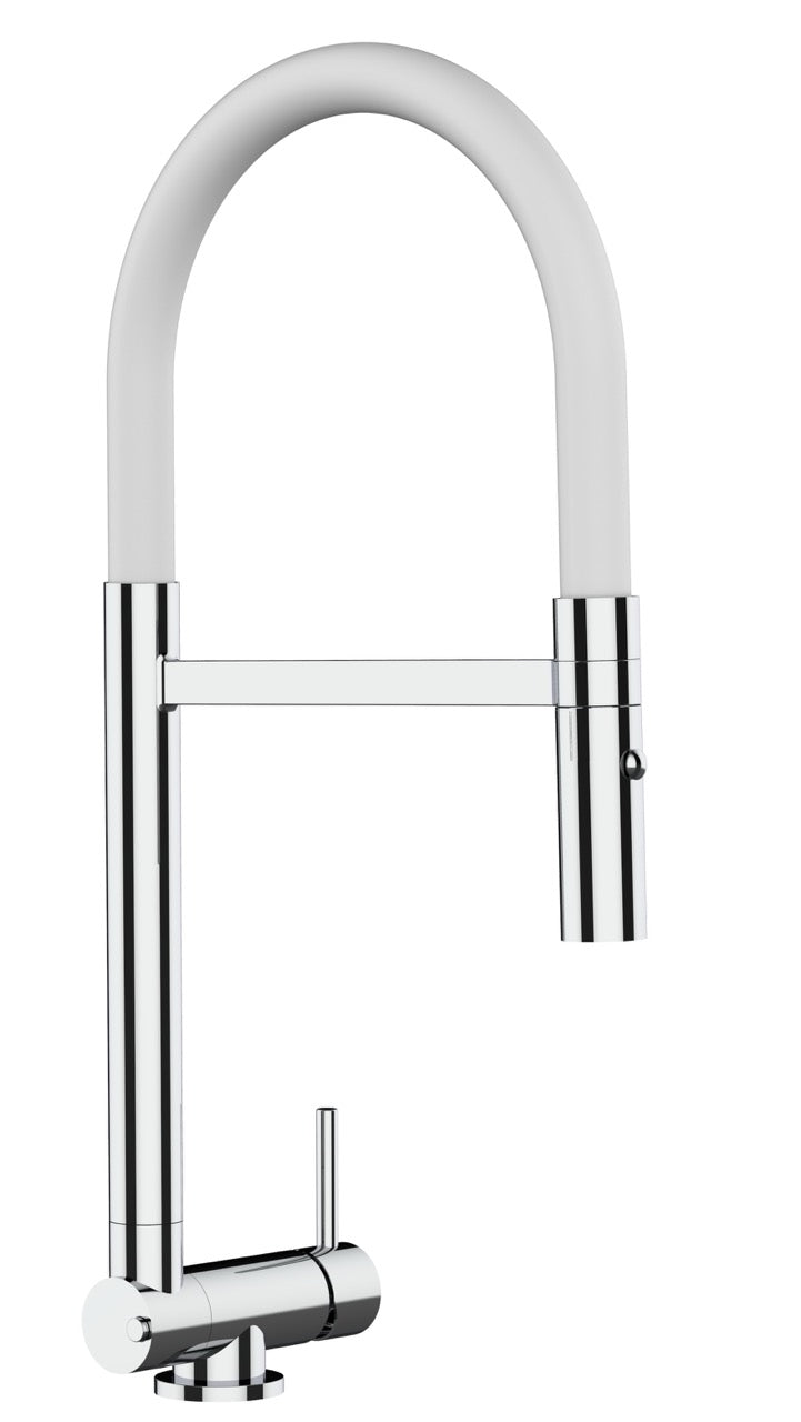 Under Window Kitchen Tap, folding spout to reach 4,5 cm, with 360° swivel spout and 2-jets removable Spray, Chrome / White