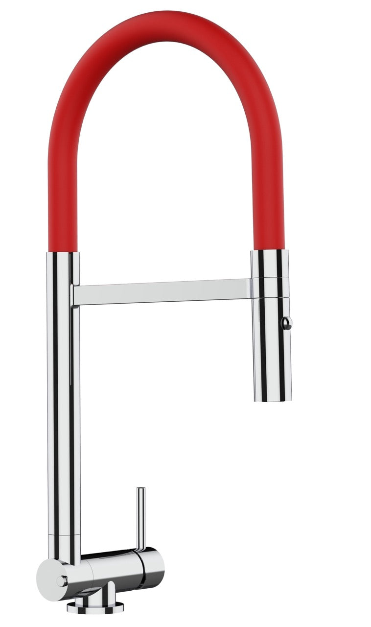 Under Window Kitchen Tap, folding spout to reach 4,5 cm, with 360° swivel spout and 2-jets removable Spray, Chrome / Red