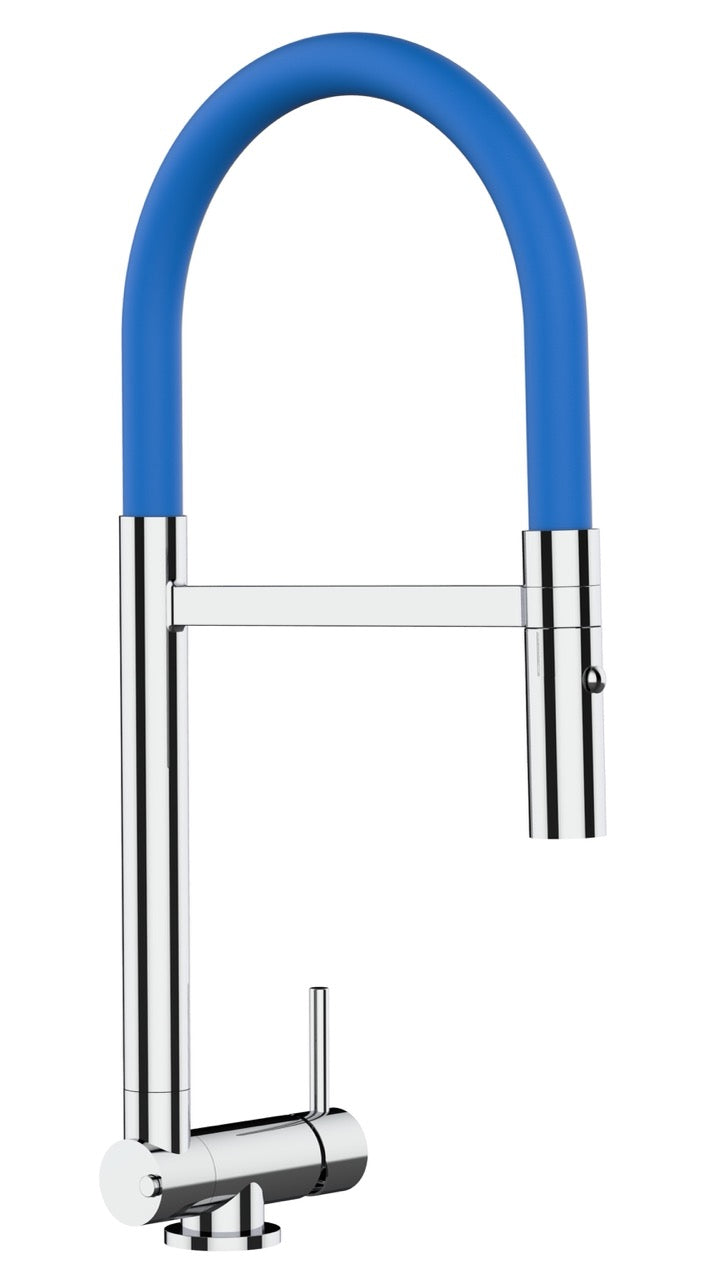 Under Window Kitchen Tap, folding spout to reach 4,5 cm, with 360° swivel spout and 2-jets removable Spray, Chrome / Blue