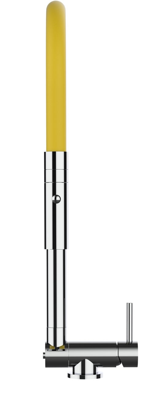 Under Window Kitchen Tap, folding spout to reach 4,5 cm, with 360° swivel spout and 2-jets removable Spray, Chrome / Yellow