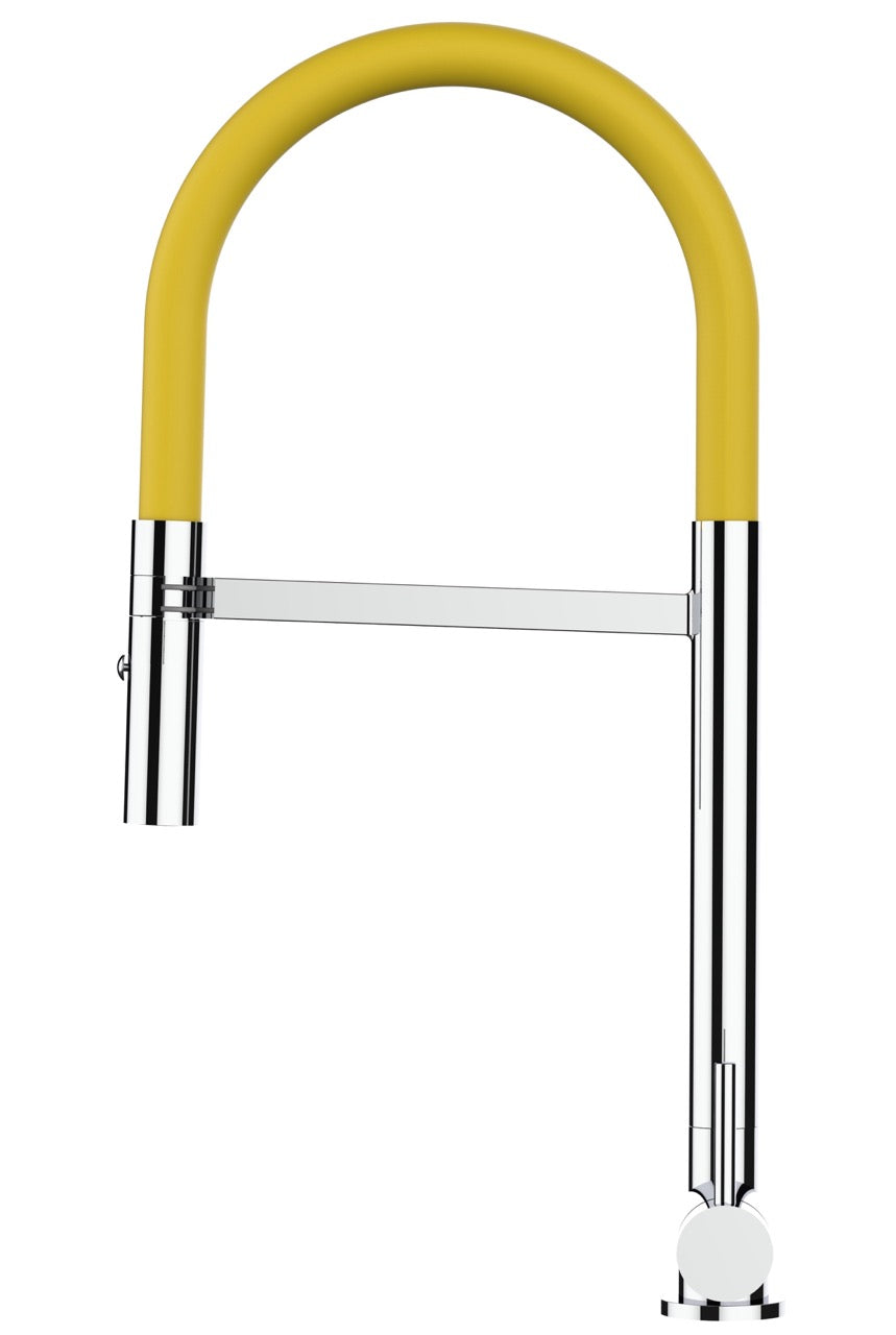 Under Window Kitchen Tap, folding spout to reach 4,5 cm, with 360° swivel spout and 2-jets removable Spray, Chrome / Yellow