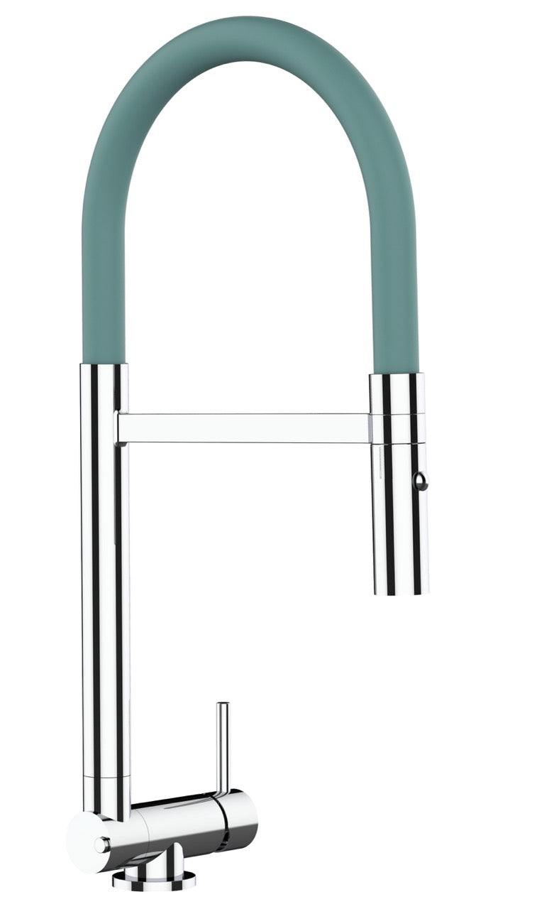 Under Window Kitchen Tap, folding spout to reach 4,5 cm, with 360° swivel spout and 2-jets removable Spray, Chrome / Turquoise