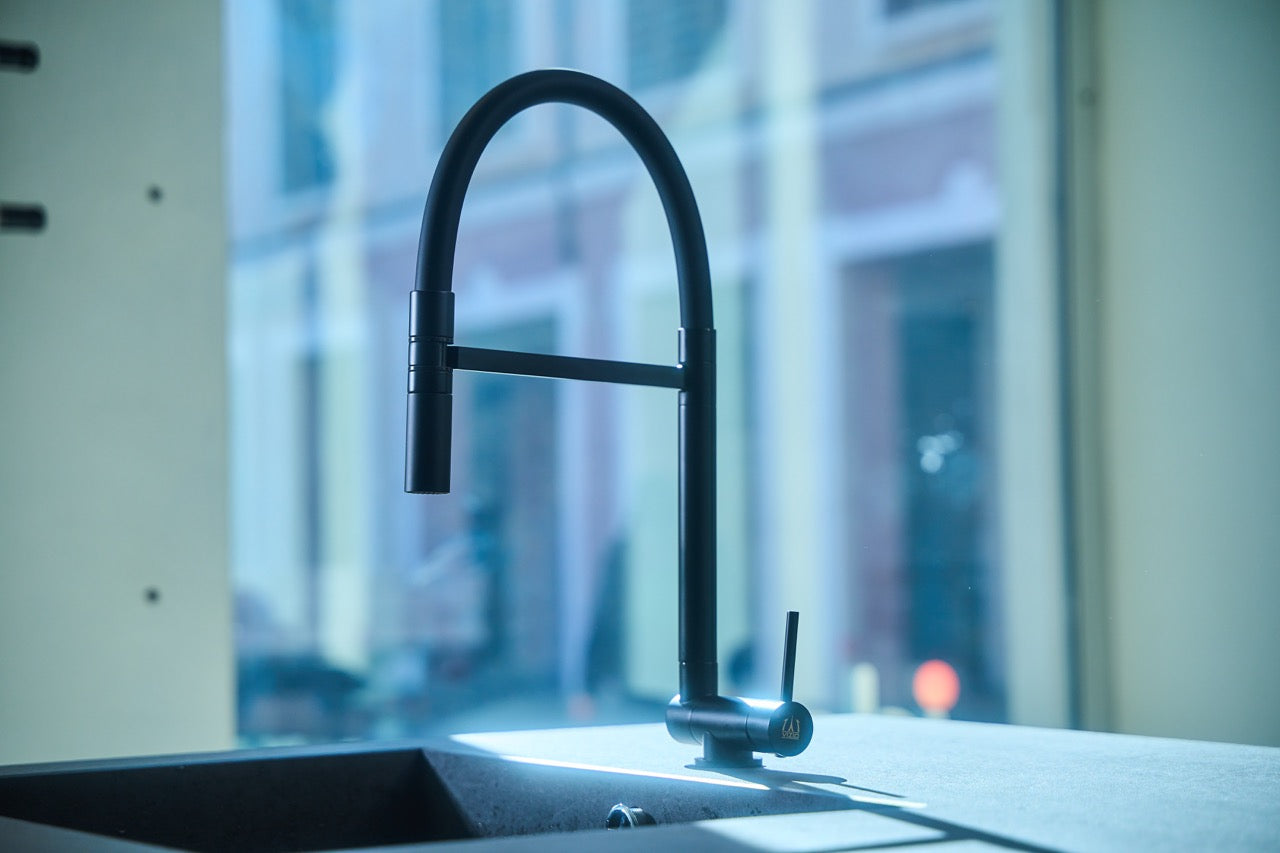 Under Window Kitchen Tap, folding spout to reach 4,5 cm, with 360° swivel spout and 2-jets removable Spray, Matte Black