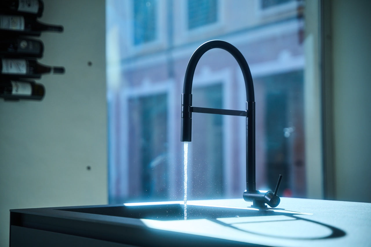 Under Window Kitchen Tap, folding spout to reach 4,5 cm, with 360° swivel spout and 2-jets removable Spray, Matte Black