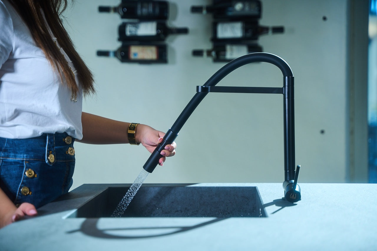 Under Window Kitchen Tap, folding spout to reach 4,5 cm, with 360° swivel spout and 2-jets removable Spray, Matte Black