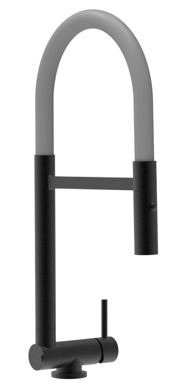 Under Window Kitchen Tap, folding spout to reach 4,5 cm, with 360° swivel spout and 2-jets removable Spray, Matte Black / Gray