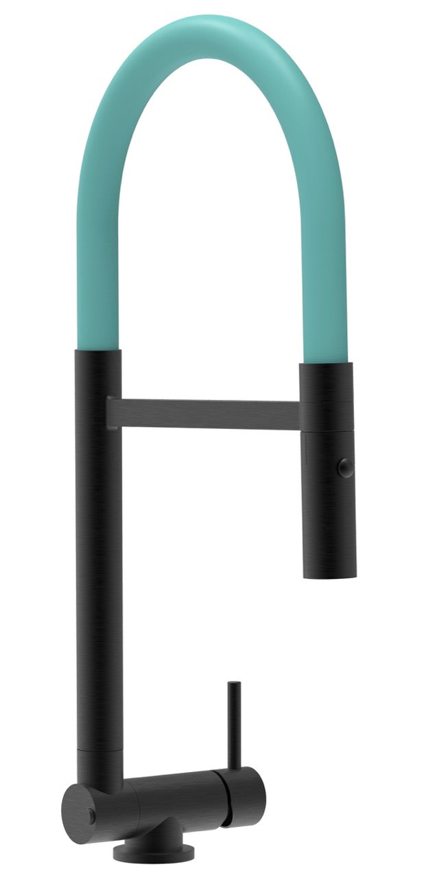 Under Window Kitchen Tap, folding spout to reach 4,5 cm, with 360° swivel spout and 2-jets removable Spray, Matte Black / Turquoise
