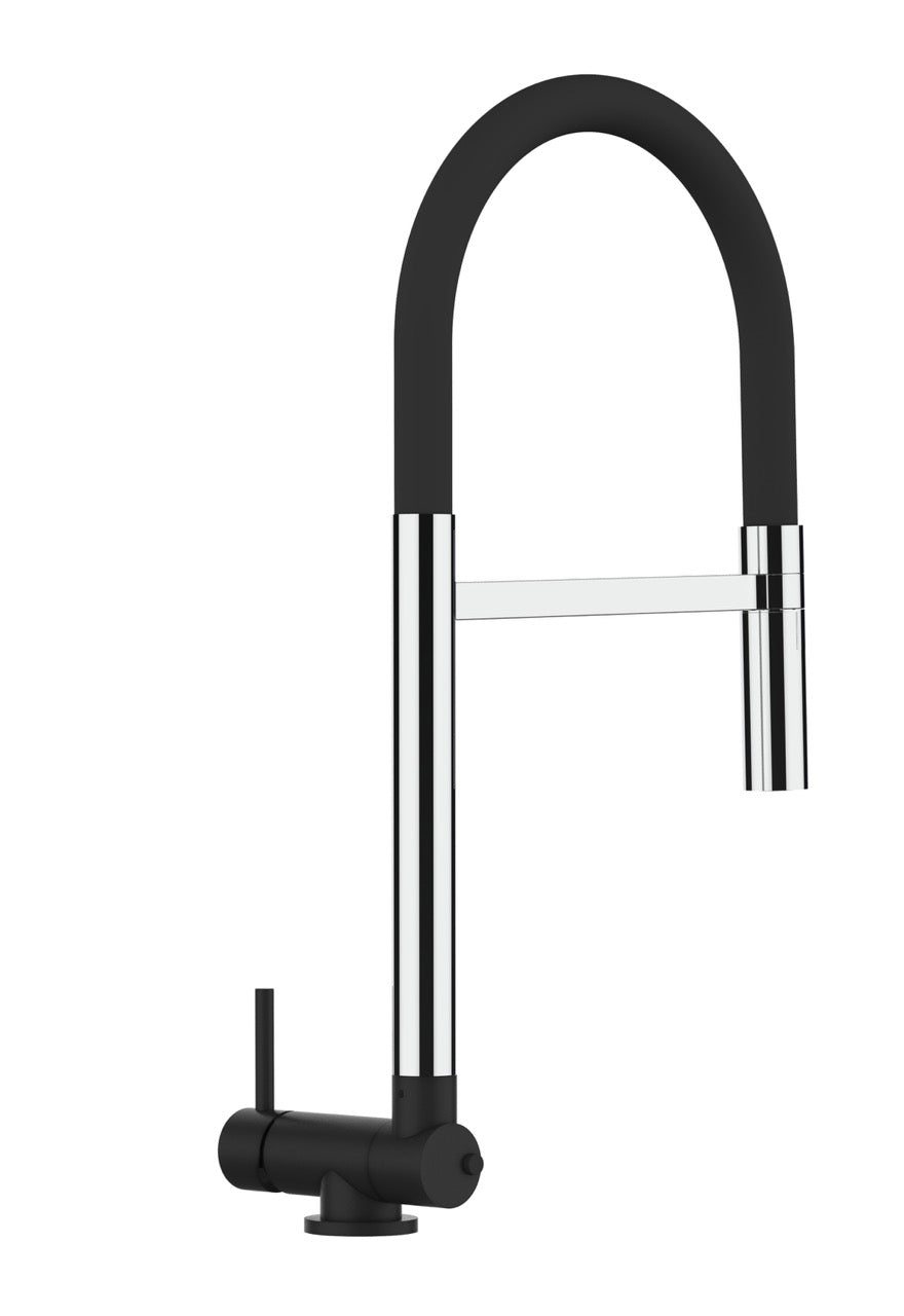 Under Window Kitchen Tap, folding spout to reach 4,5 cm, with 360° swivel spout and 2-jets removable Spray, Chrome / Matte Black