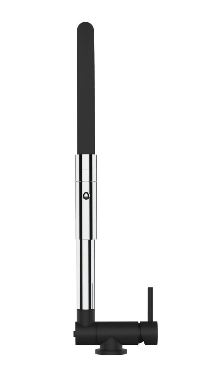 Under Window Kitchen Tap, folding spout to reach 4,5 cm, with 360° swivel spout and 2-jets removable Spray, Chrome / Matte Black