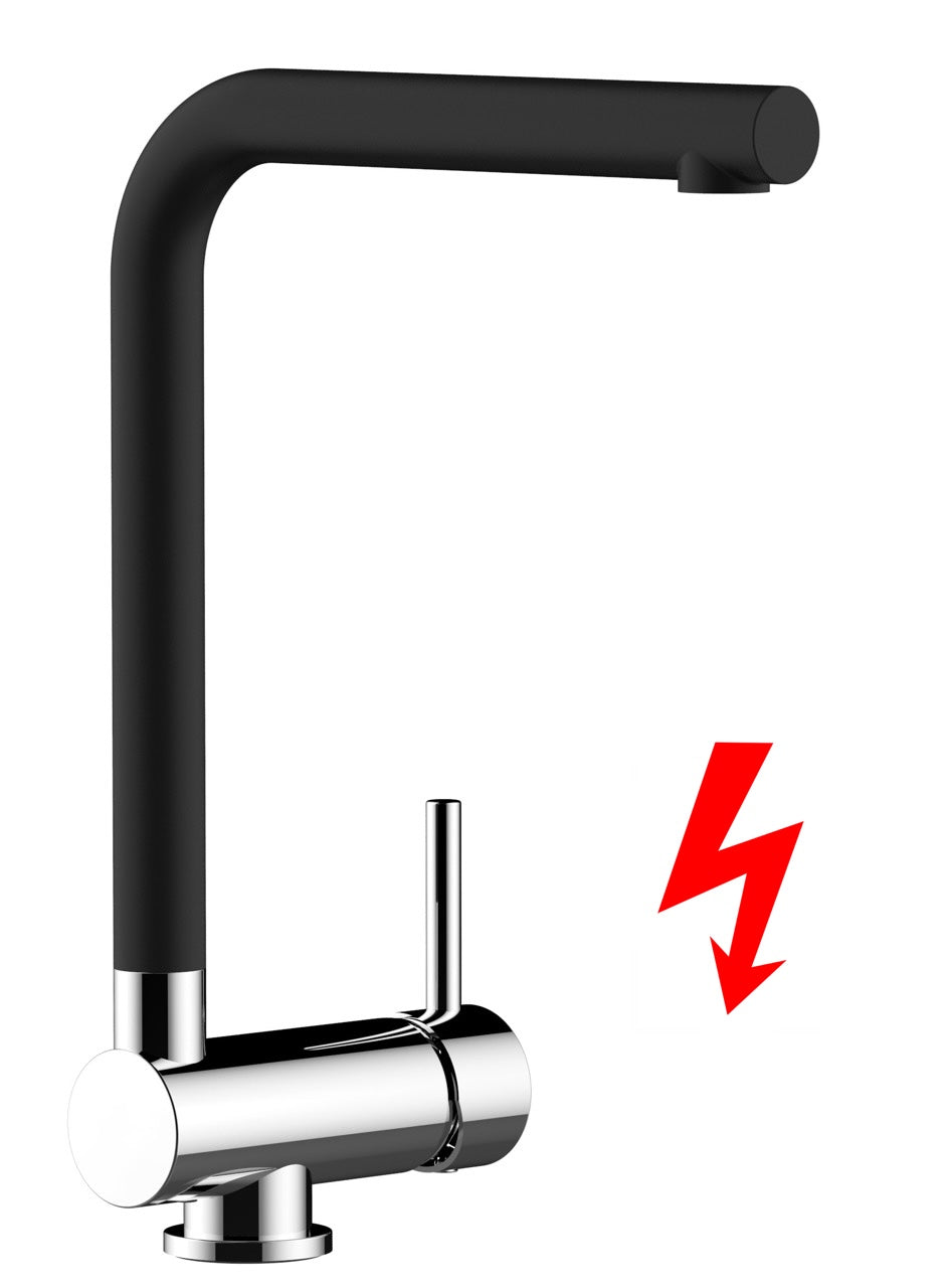 NIEDERDRUCK Wasserhahn Vorfenster Küchenarmatur, Umklappbar 6 CM, mit 360° schwenkbarem L-Auslauf, Verchromt / Schwarz Granit