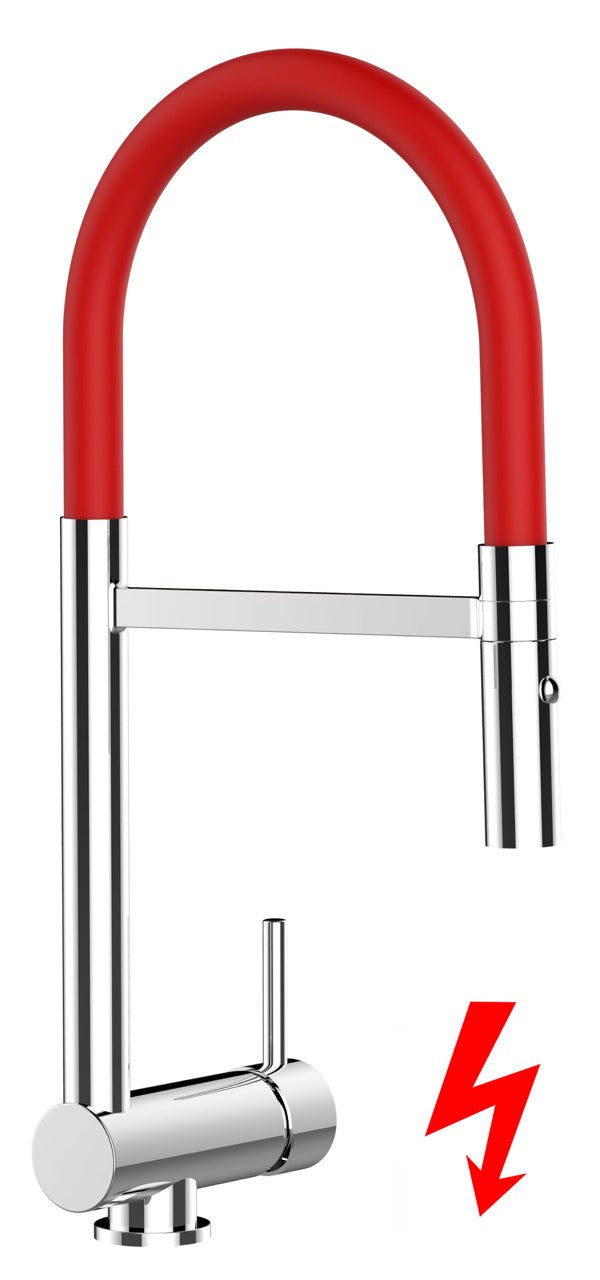 NIEDERDRUCK Wasserhahn Vorfenster Küchenarmatur, Umklappbar 6 CM, mit 360° schwenkbarem Auslauf, abnehmbare 2 strahl Handbrause, Verchromt / Rot