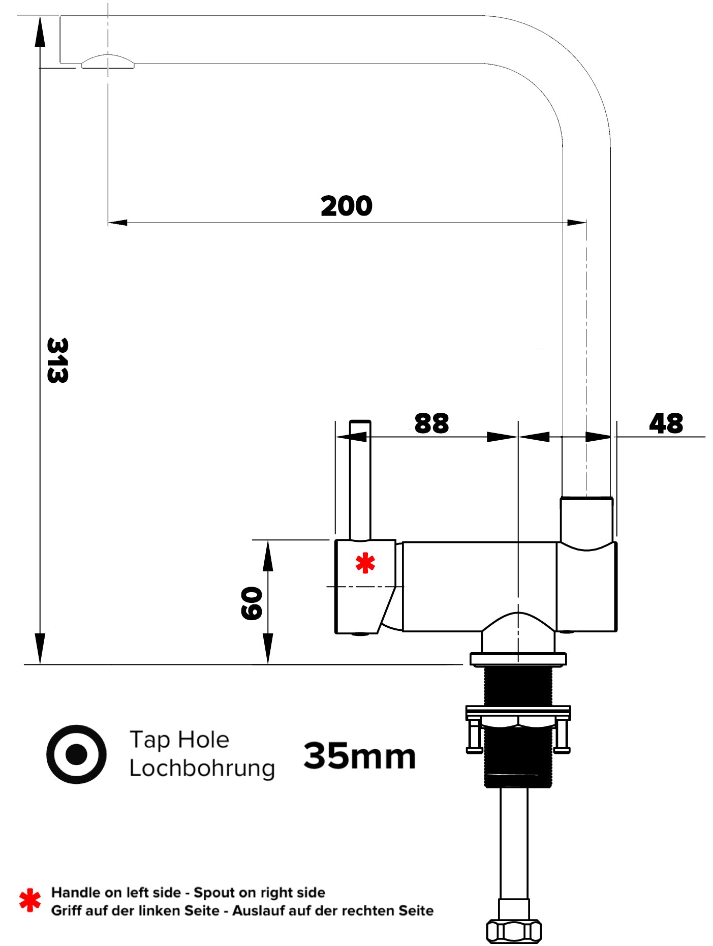 Under Window Kitchen Tap, folding spout to reach 6 cm, handle on LEFT side, with 360° swivel L-Spout, Chrome / White Quartz