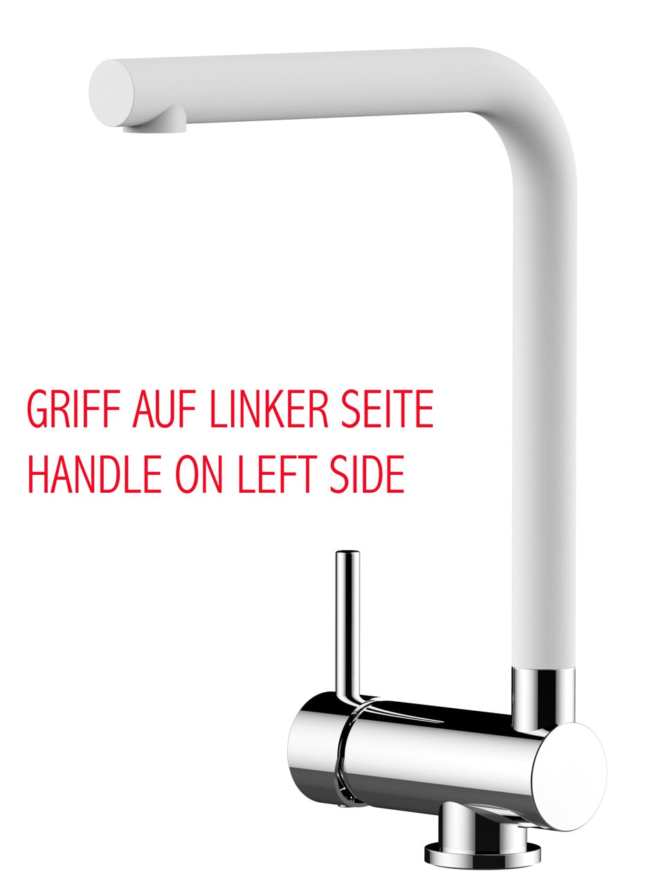 Under Window Kitchen Tap, folding spout to reach 6 cm, handle on LEFT side, with 360° swivel L-Spout, Chrome / White Quartz