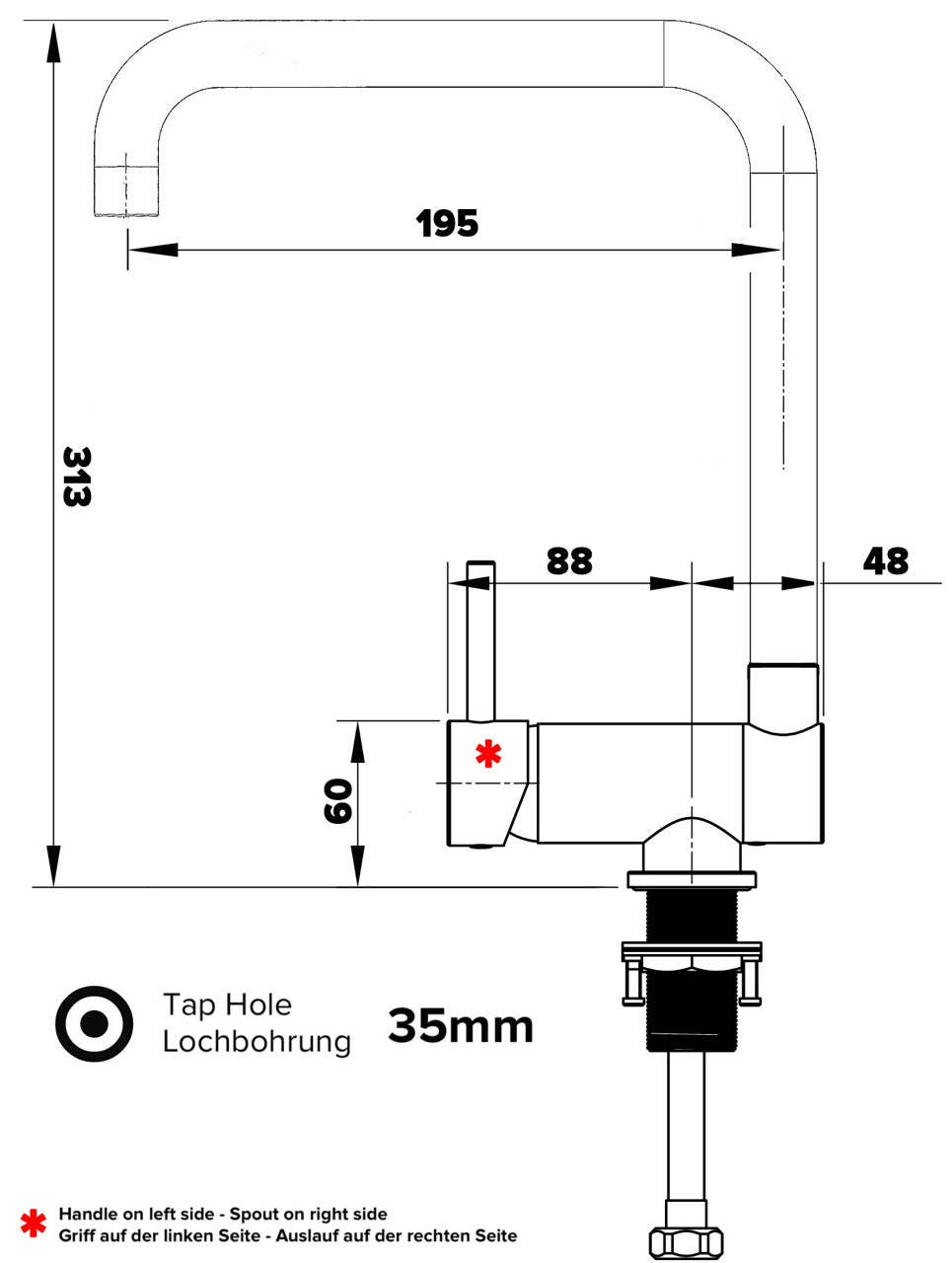 Under Window Kitchen Tap, folding spout to reach 6 cm, handle on LEFT side, with 360° swivel N-Spout, Chrome