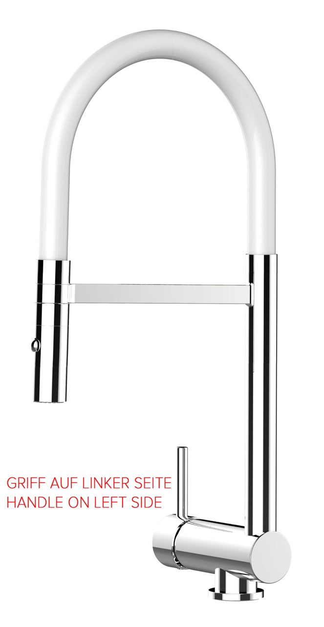 Under Window Kitchen Tap, folding spout to reach 6 cm, handle on LEFT side, with 360° swivel spout and 2-jets removable Spray, Chrome / White