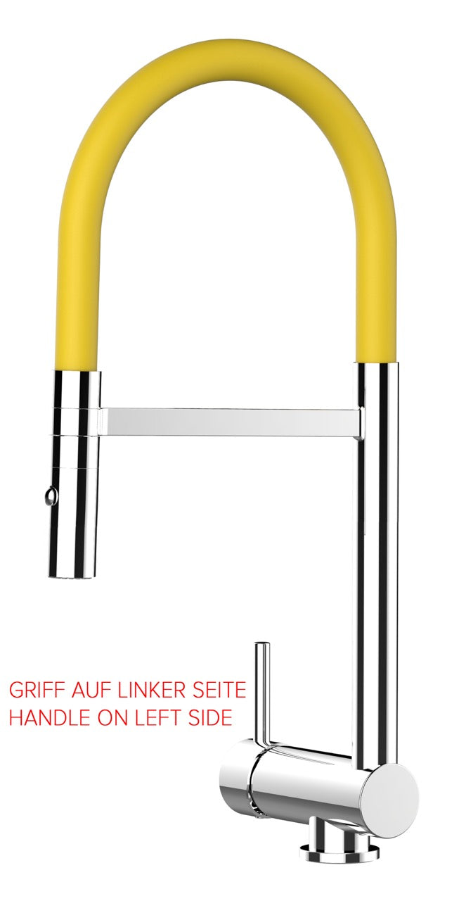 Under Window Kitchen Tap, folding spout to reach 6 cm, handle on LEFT side, with 360° swivel spout and 2-jets removable Spray, Chrome / Yellow