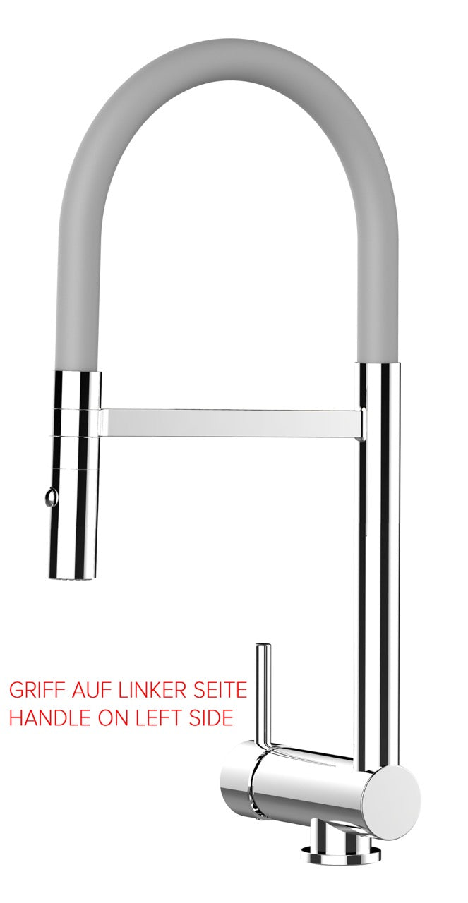 Under Window Kitchen Tap, folding spout to reach 6 cm, handle on LEFT side, with 360° swivel spout and 2-jets removable Spray, Chrome / Gray