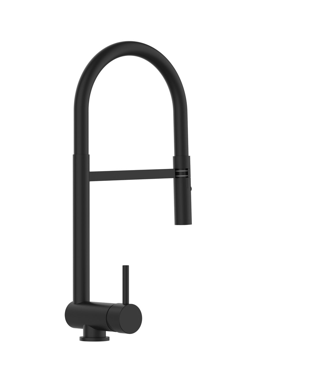 Under Window Kitchen Tap, folding spout to reach 6 cm, handle on LEFT side, with 360° swivel spout and 2-jets removable Spray, Matte Black