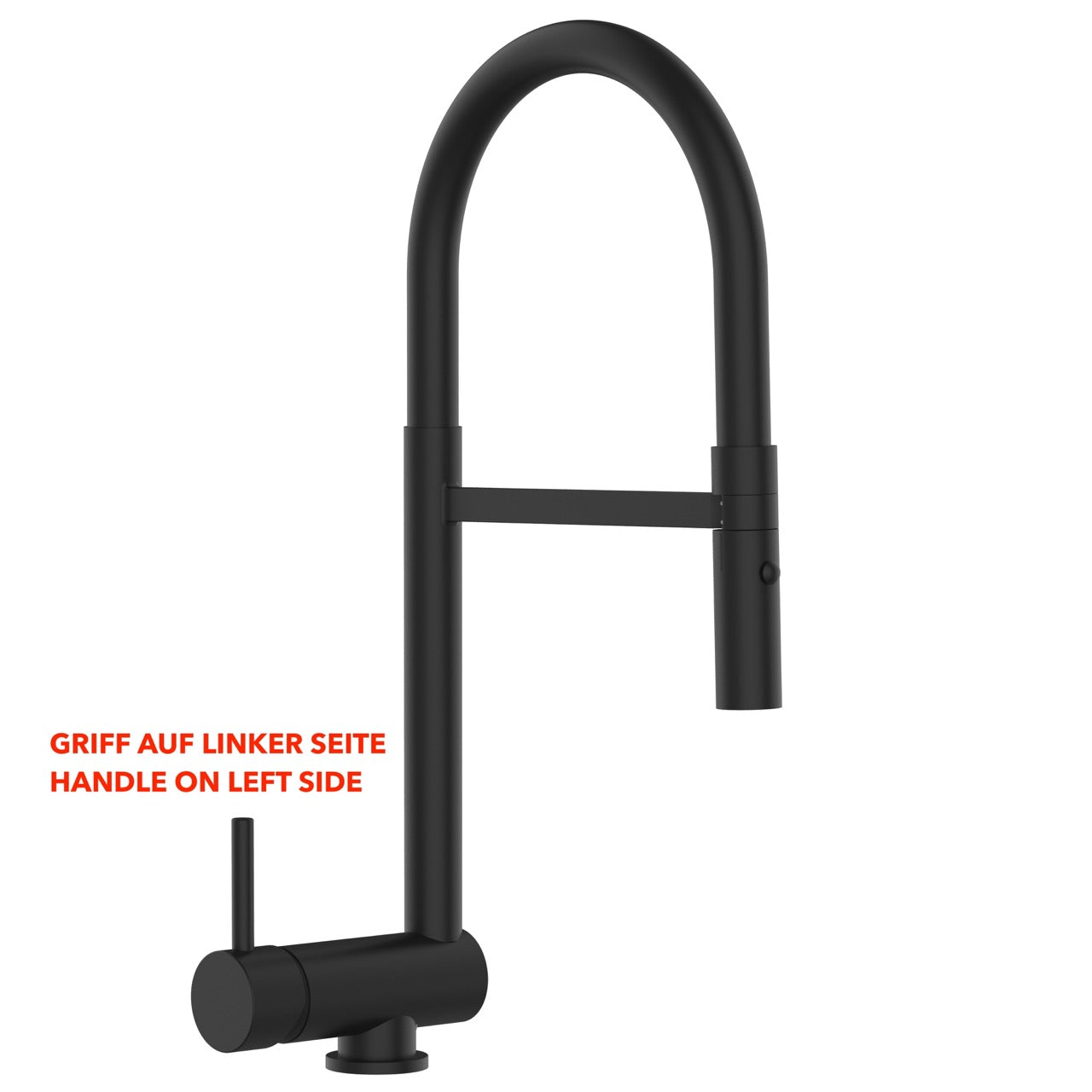 Under Window Kitchen Tap, folding spout to reach 6 cm, handle on LEFT side, with 360° swivel spout and 2-jets removable Spray, Matte Black