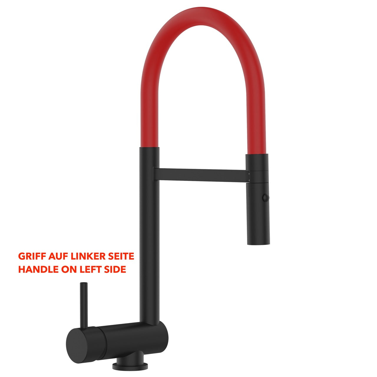 Under Window Kitchen Tap, folding spout to reach 6 cm, handle on LEFT side, with 360° swivel spout and 2-jets removable Spray, Matte Black / Red