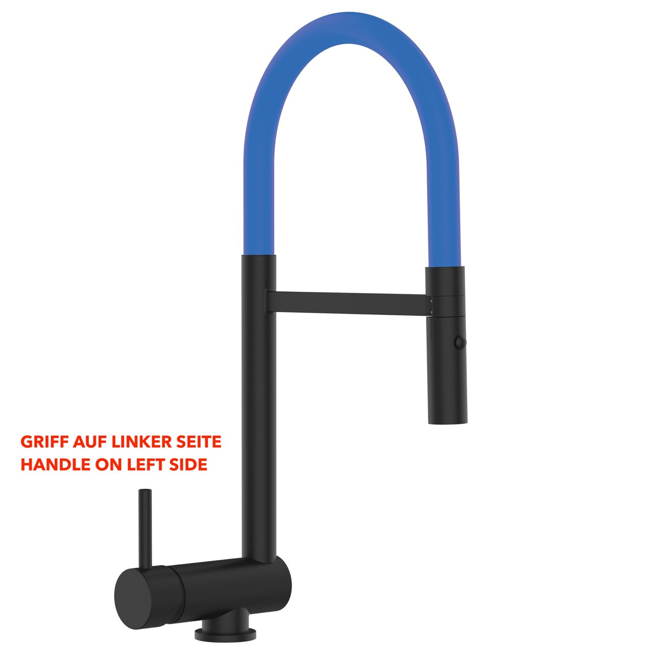 Under Window Kitchen Tap, folding spout to reach 6 cm, handle on LEFT side, with 360° swivel spout and 2-jets removable Spray, Matte Black / Blue