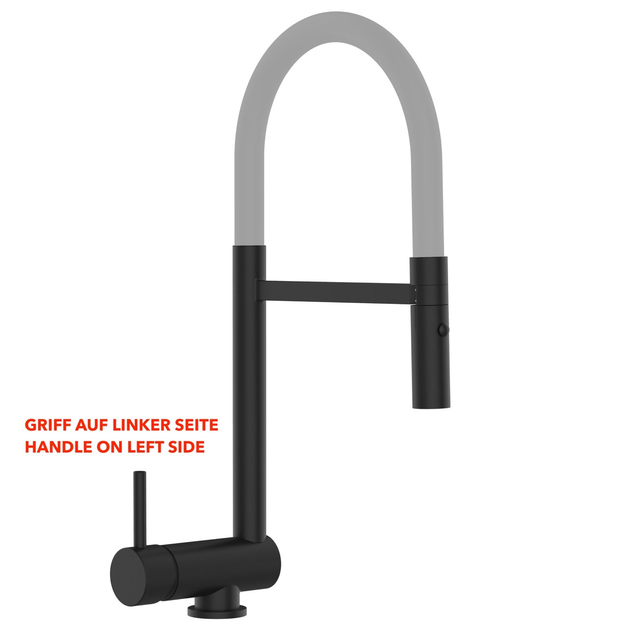 Under Window Kitchen Tap, folding spout to reach 6 cm, handle on LEFT side, with 360° swivel spout and 2-jets removable Spray, Matte Black / Gray