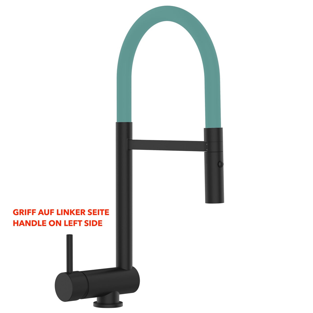 Under Window Kitchen Tap, folding spout to reach 6 cm, handle on LEFT side, with 360° swivel spout and 2-jets removable Spray, Matte Black / Turquoise