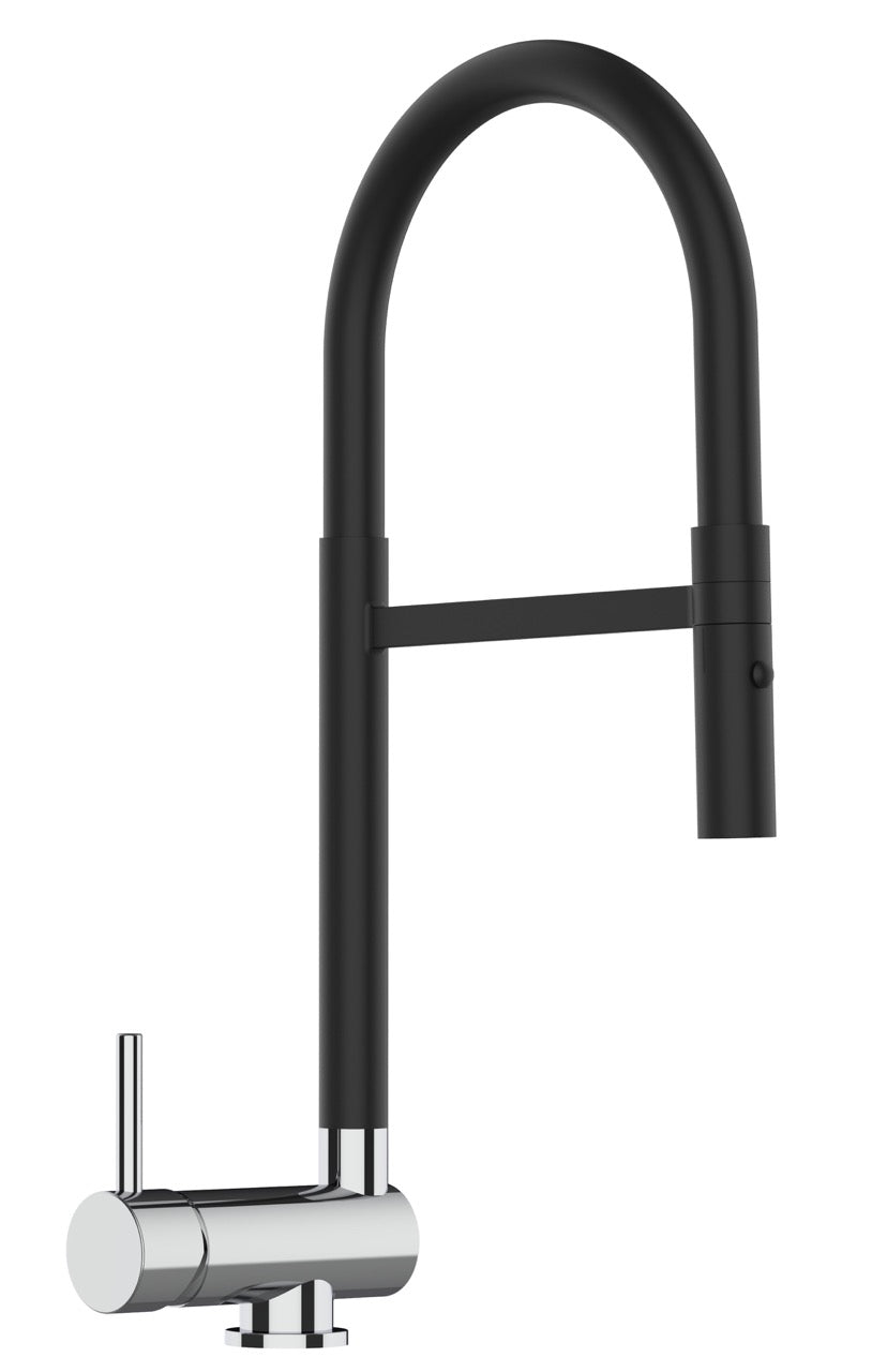 Under Window Kitchen Tap, folding spout to reach 6 cm, handle on LEFT side, with 360° swivel spout and 2-jets removable Spray, Matte Black / Chrome