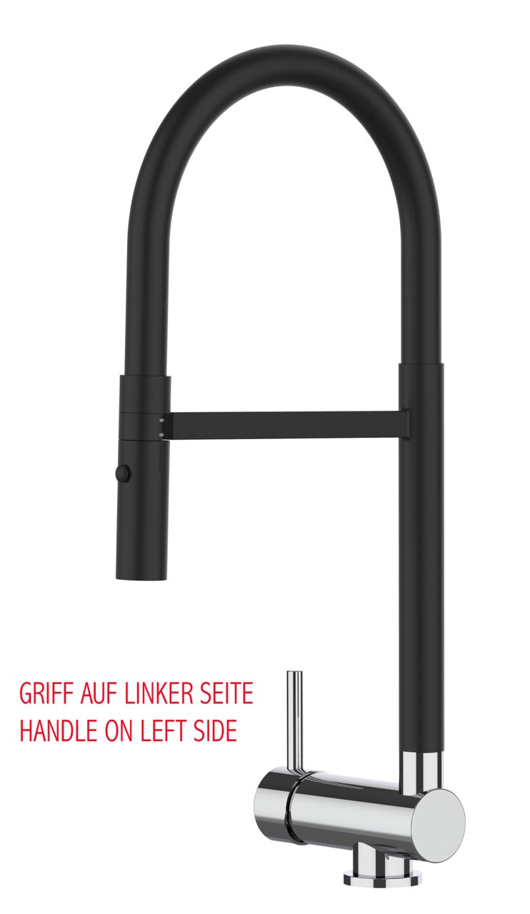 Under Window Kitchen Tap, folding spout to reach 6 cm, handle on LEFT side, with 360° swivel spout and 2-jets removable Spray, Matte Black / Chrome