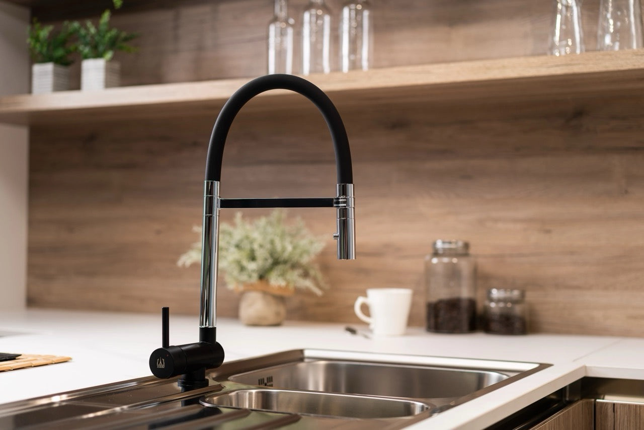 Under Window Kitchen Tap, folding spout to reach 6 cm, handle on LEFT side, with 360° swivel spout and 2-jets removable Spray, Chrome / Matte Black
