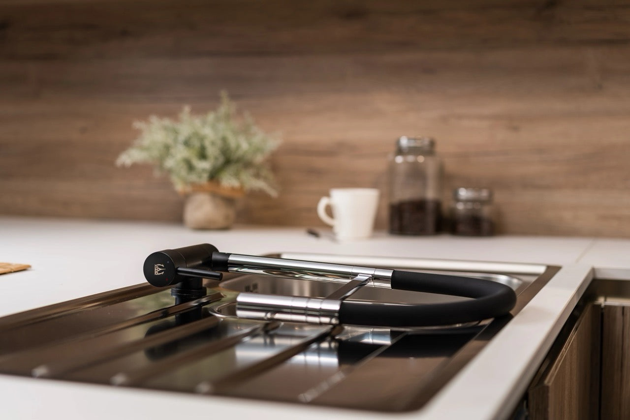 Under Window Kitchen Tap, folding spout to reach 6 cm, handle on LEFT side, with 360° swivel spout and 2-jets removable Spray, Chrome / Matte Black