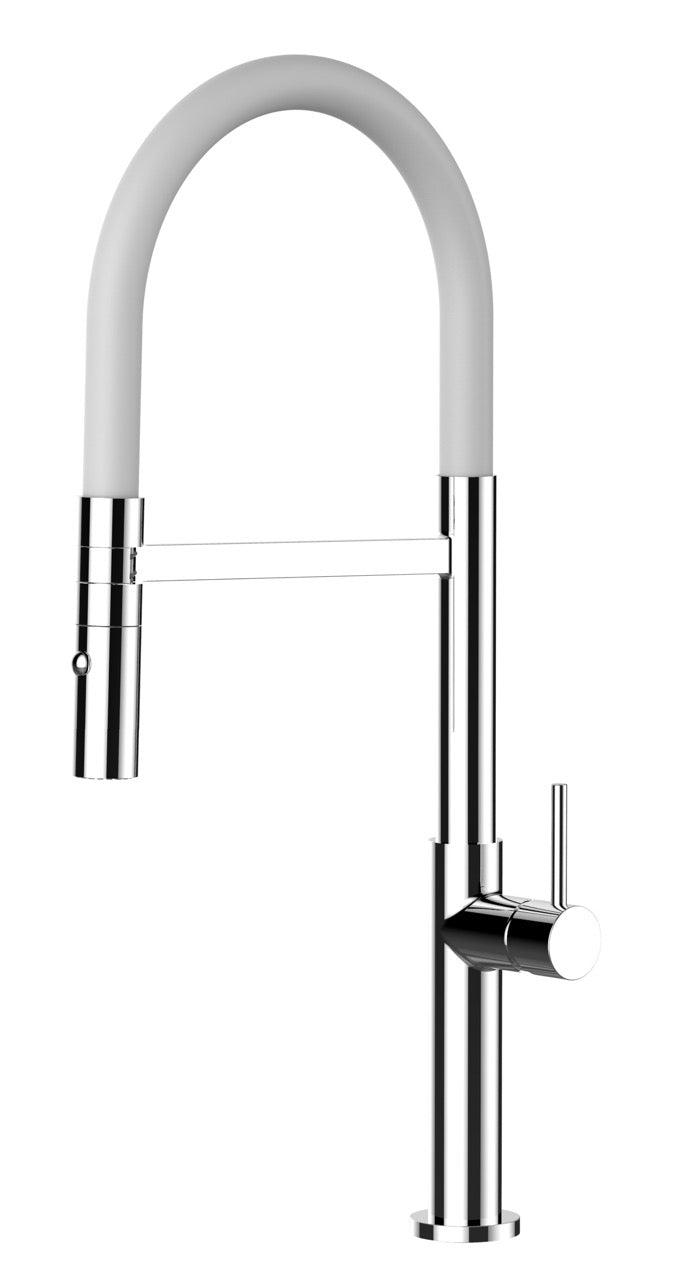 Kitchen Tap, Single lever, TC, with 360° swivel spout and 2-jets removable Spray, Chrome / White - Short Version 48CM